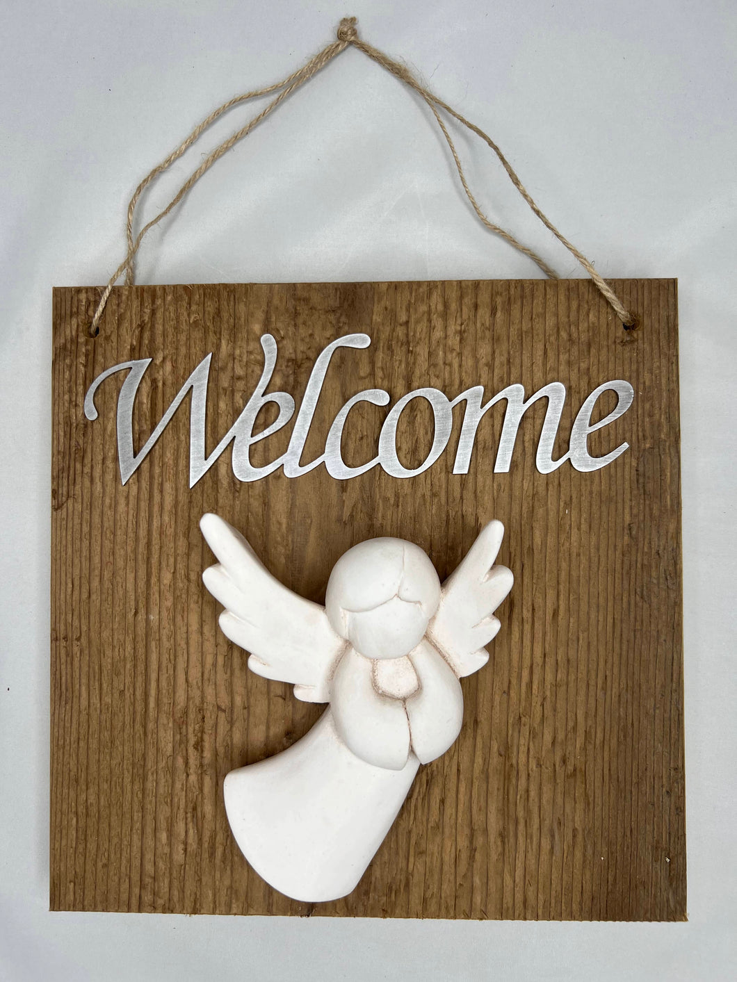 Quadro con scritta welcome e decorazione angelo da appendere 22 x 22 cm
