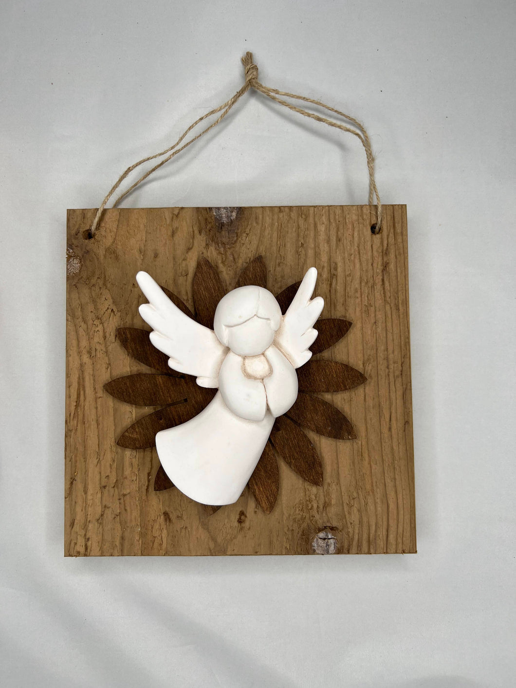 Quadro con fiore in legno e decorazione angeli 20 x 20 cm